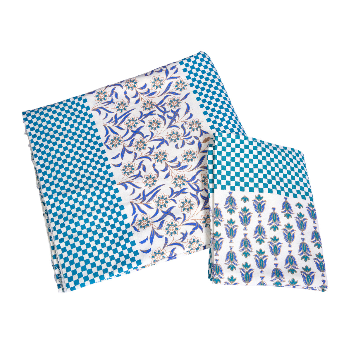 Handcrafted Cotton Bedding Set with Blue Floral & Checkered Print