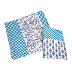 Handcrafted Cotton Bedding Set with Blue Floral & Checkered Print