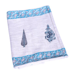 White Blue Floral Border Block Print Jute Table Runner