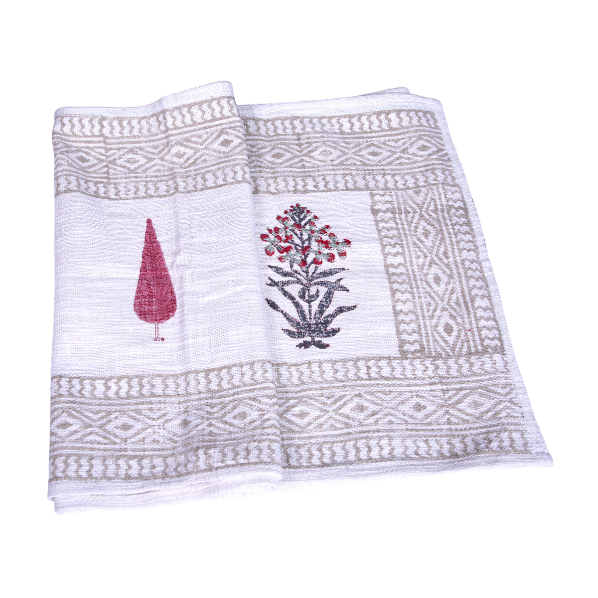 Neutral Botanical Block Print Jute Table Runner