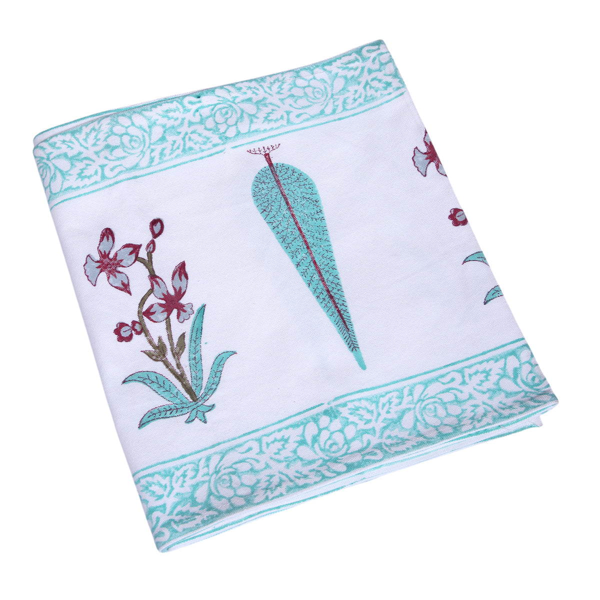Aqua Leaf Floral Block Print Cotton Table Runner