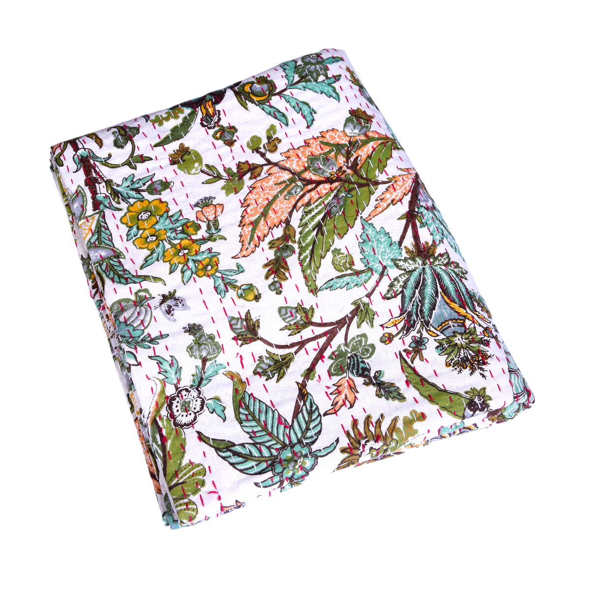 Botanical White Cotton Double Bed Quilt