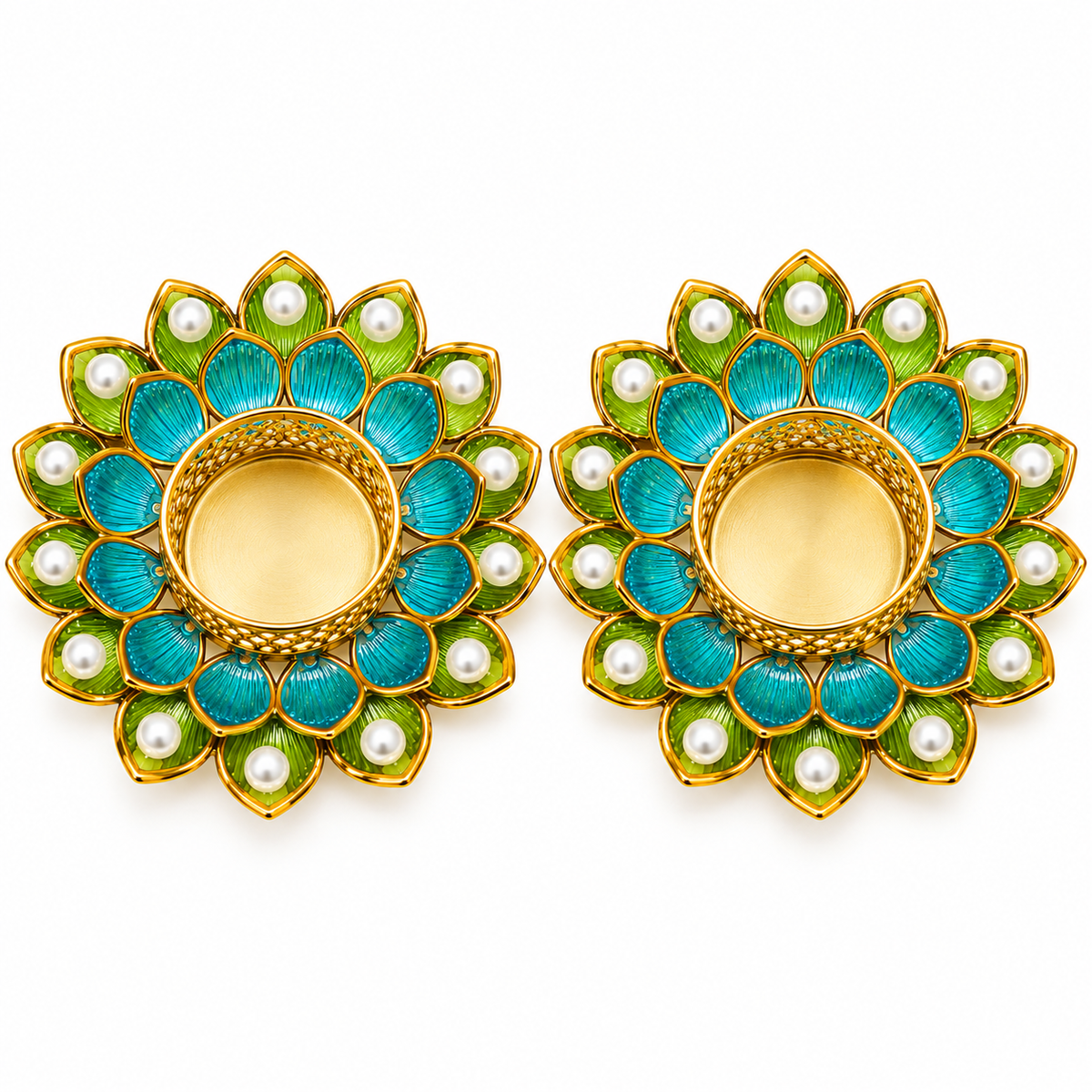 Pearl Embellished Decorative Gold Lotus Tealight Holders – Set of 2