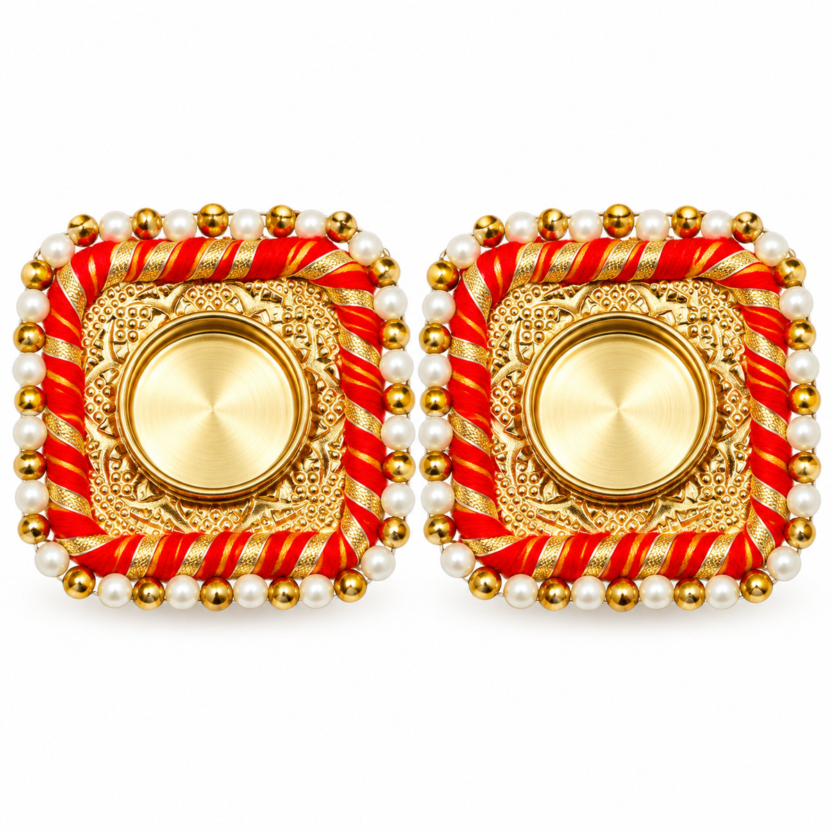 Elegant Gold Square Tealight Holders with Pearl & Thread Detailing – Set of 2