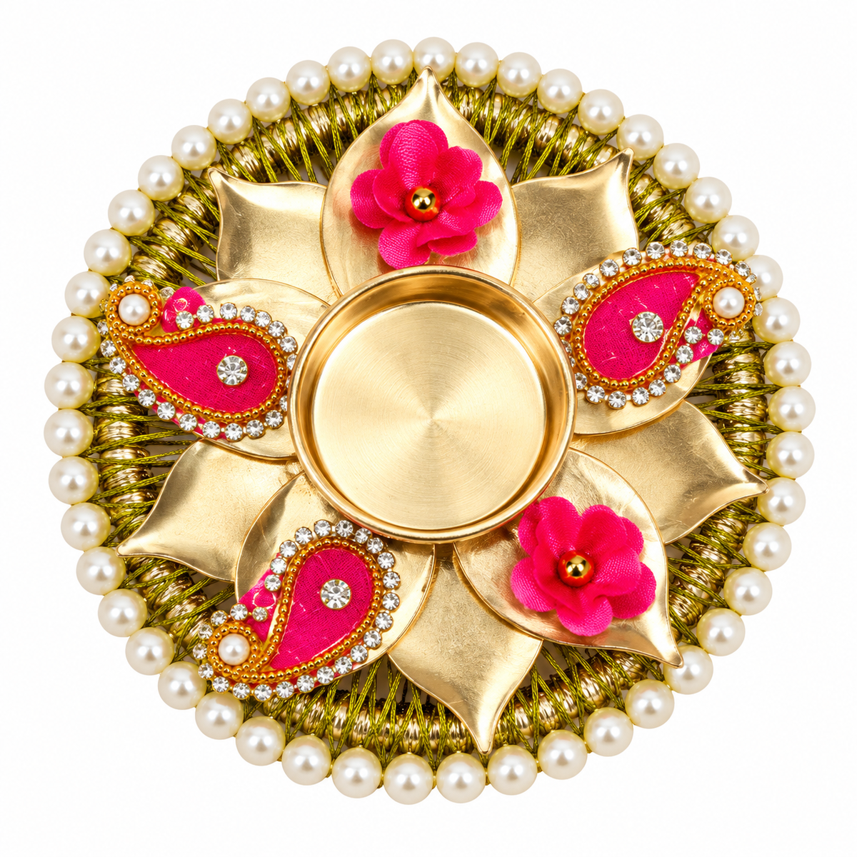 Elegant Gold Floral Tealight Holder with Pearl & Paisley Detailing