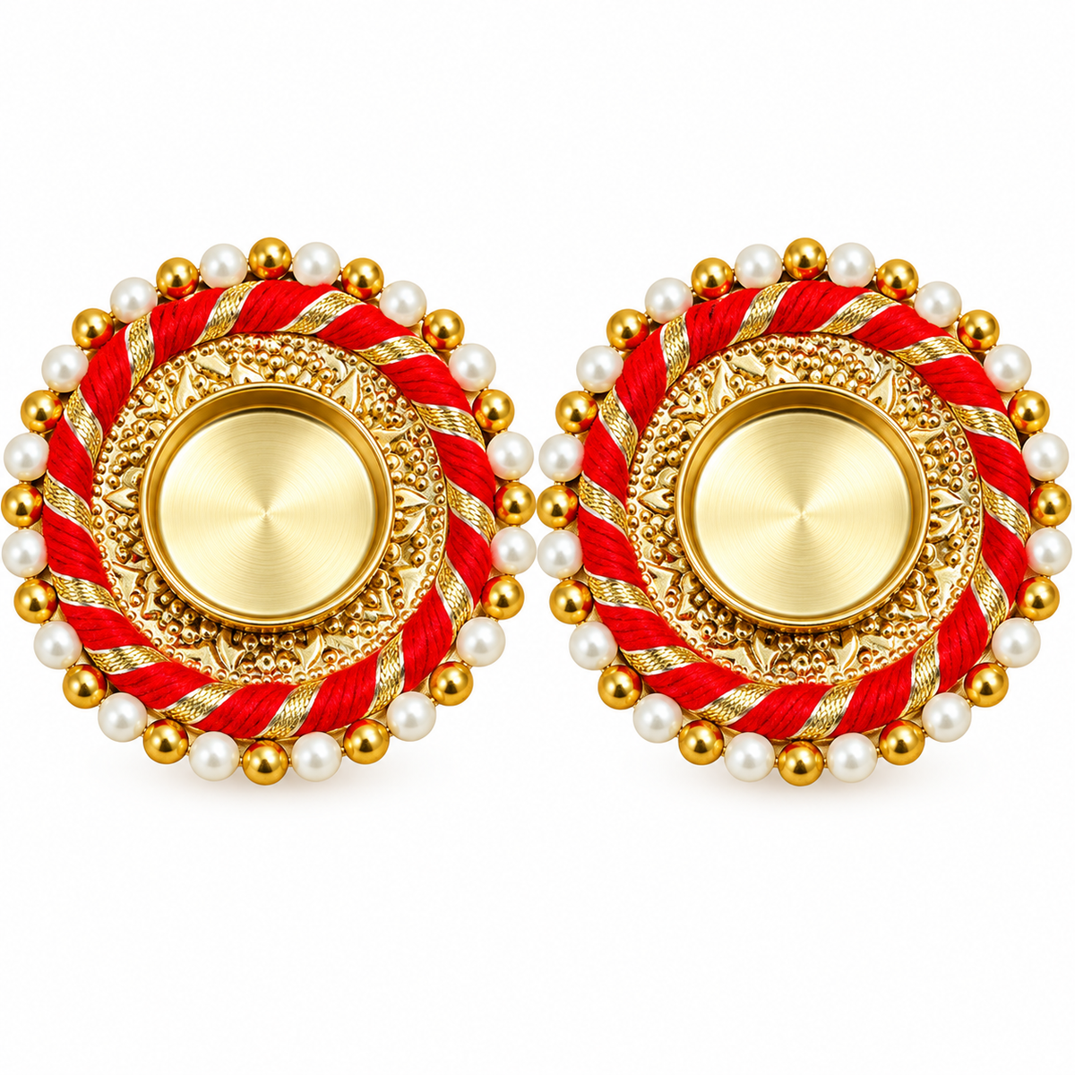 Traditional Round Gold Tealight Holder with Pearl Border – Set of 2