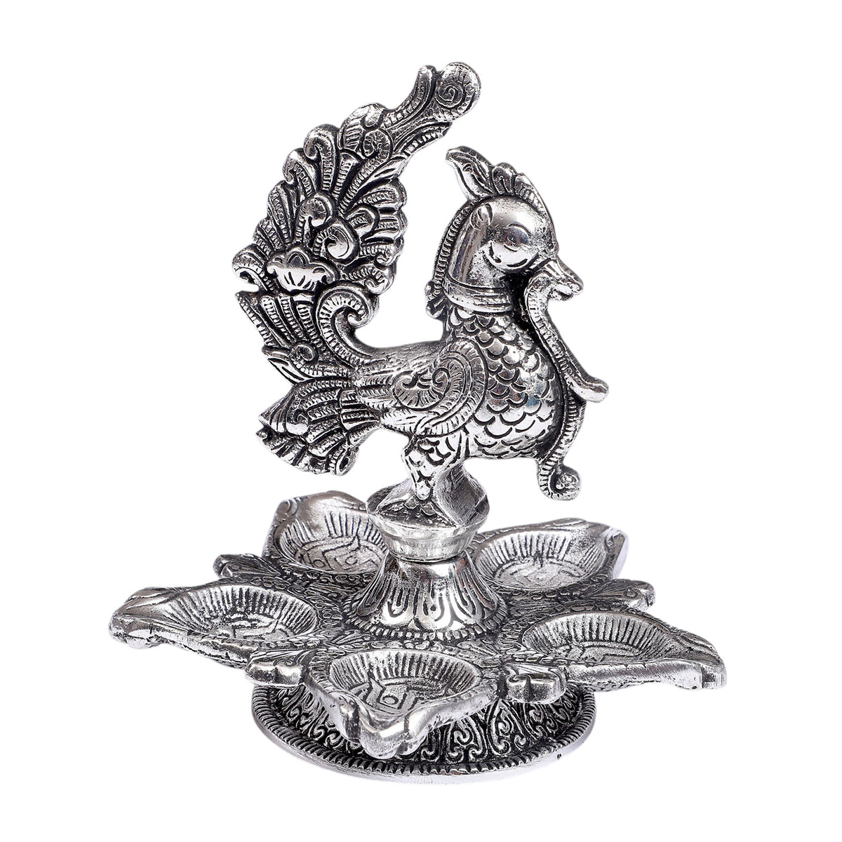 Silver Peacock Panchdeep Diya