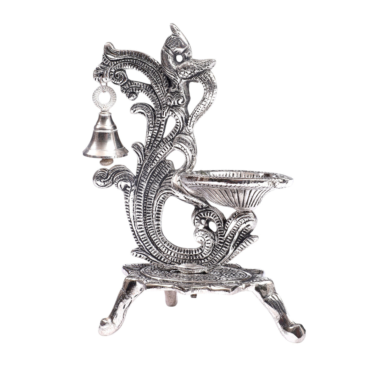 Silver Peacock Diya with Hanging Bell