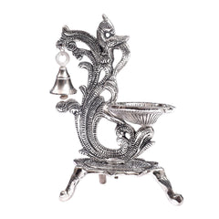 Silver Peacock Diya with Hanging Bell