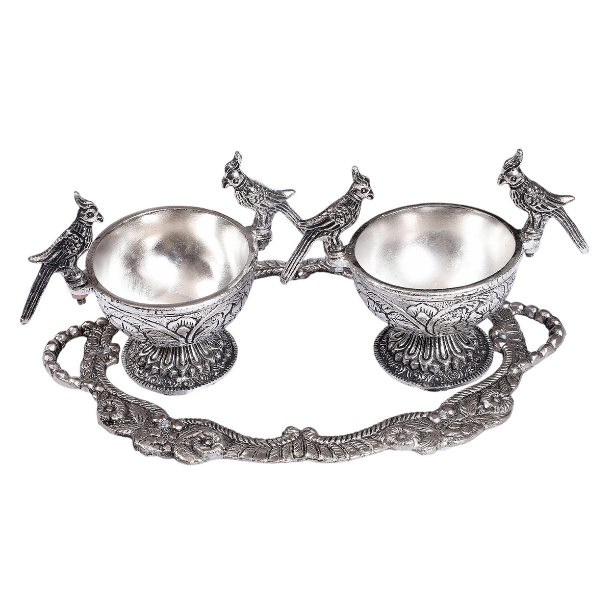 2 Parrot Twin Bowls with Tray in Velvet Box