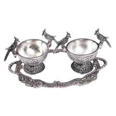 2 Parrot Twin Bowls with Tray in Velvet Box