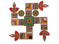 Acrylic Rangoli – Swastik with Diya (White, Orange & Green) with Gold Motif