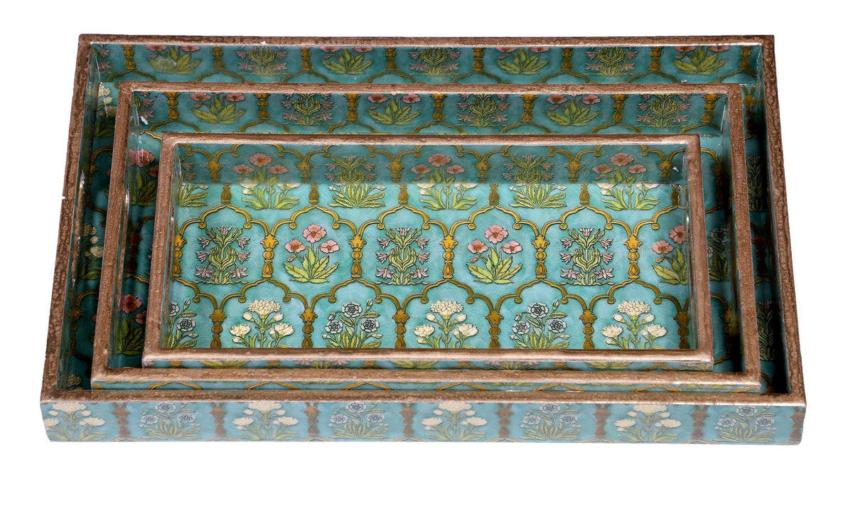 Handcrafted Floral Serving Tray Set – Aqua & Gold Decorative Nesting Trays (Set of 3)