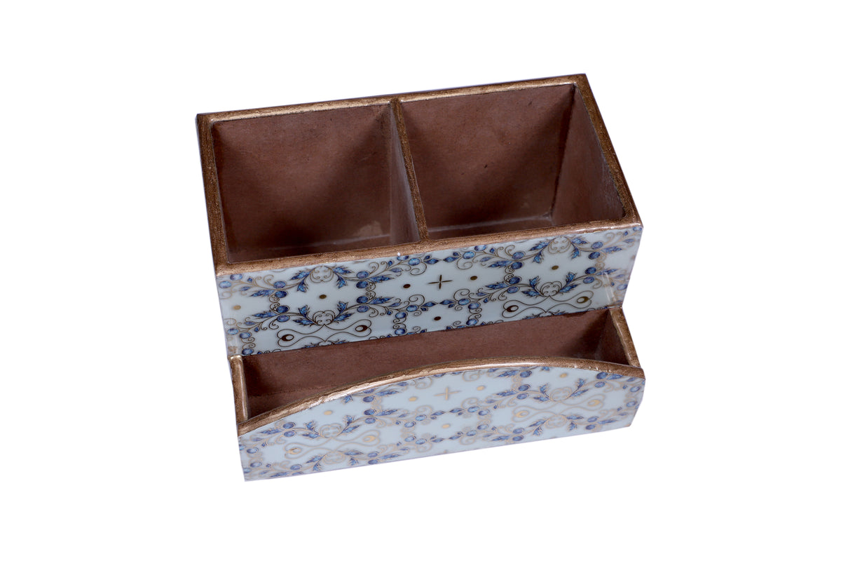 Wooden Cutlery Caddy – Elegant Blue Floral Design