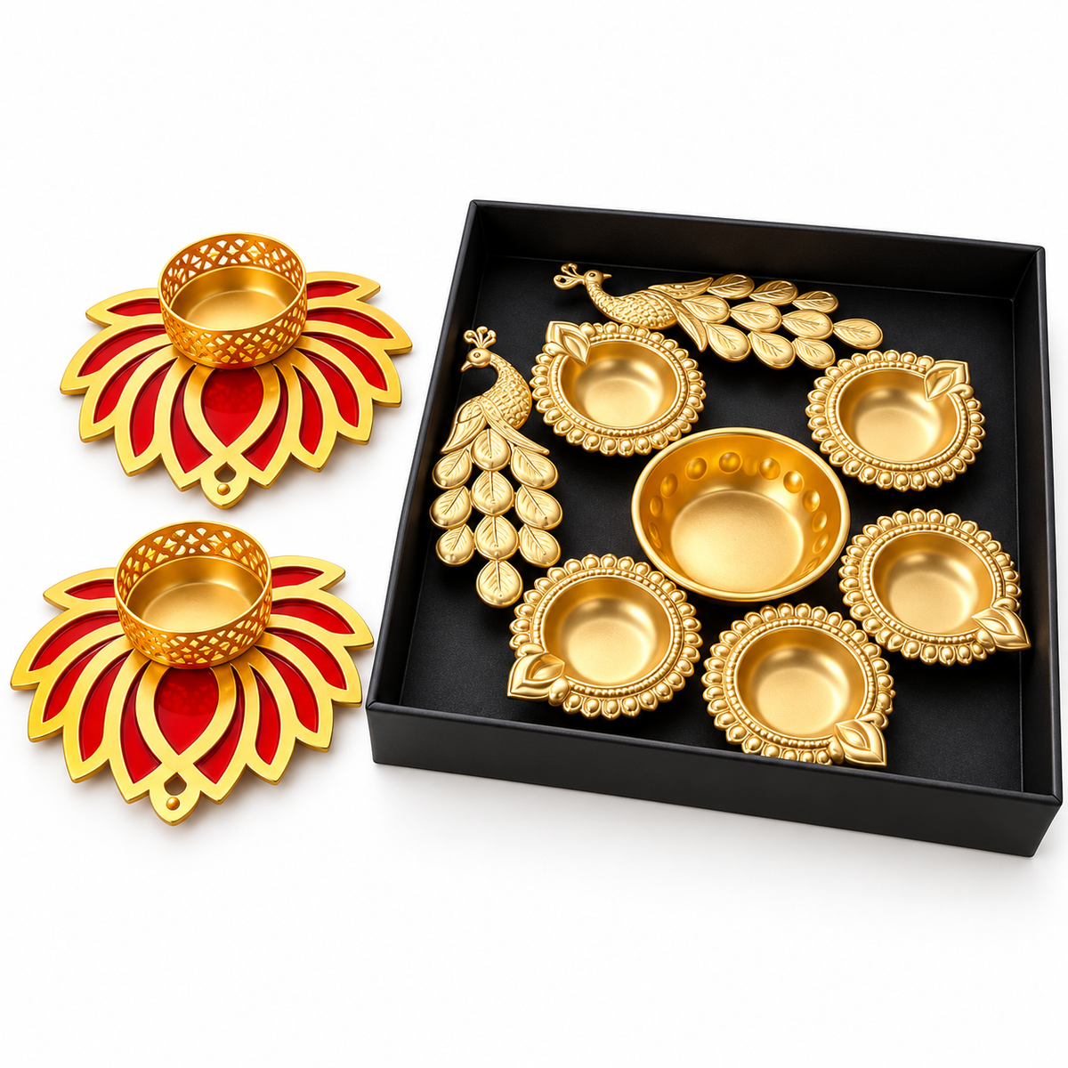 Royal Peacock Urli & Lotus Diya Combo Set – 2 Piece