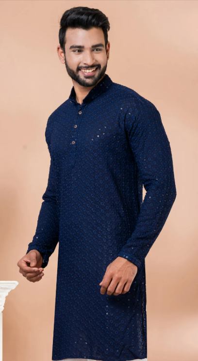 Blue Rayon Party Kurta with Thread Work
