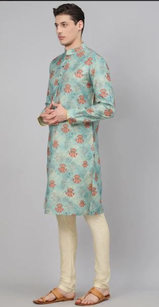 Cotton Blend Greenish blue Stitch Kurta with Chudidaar