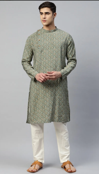 Green Muslin Kurta Set with selfprint deisgn
