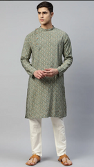 Green Muslin Kurta Set with selfprint deisgn