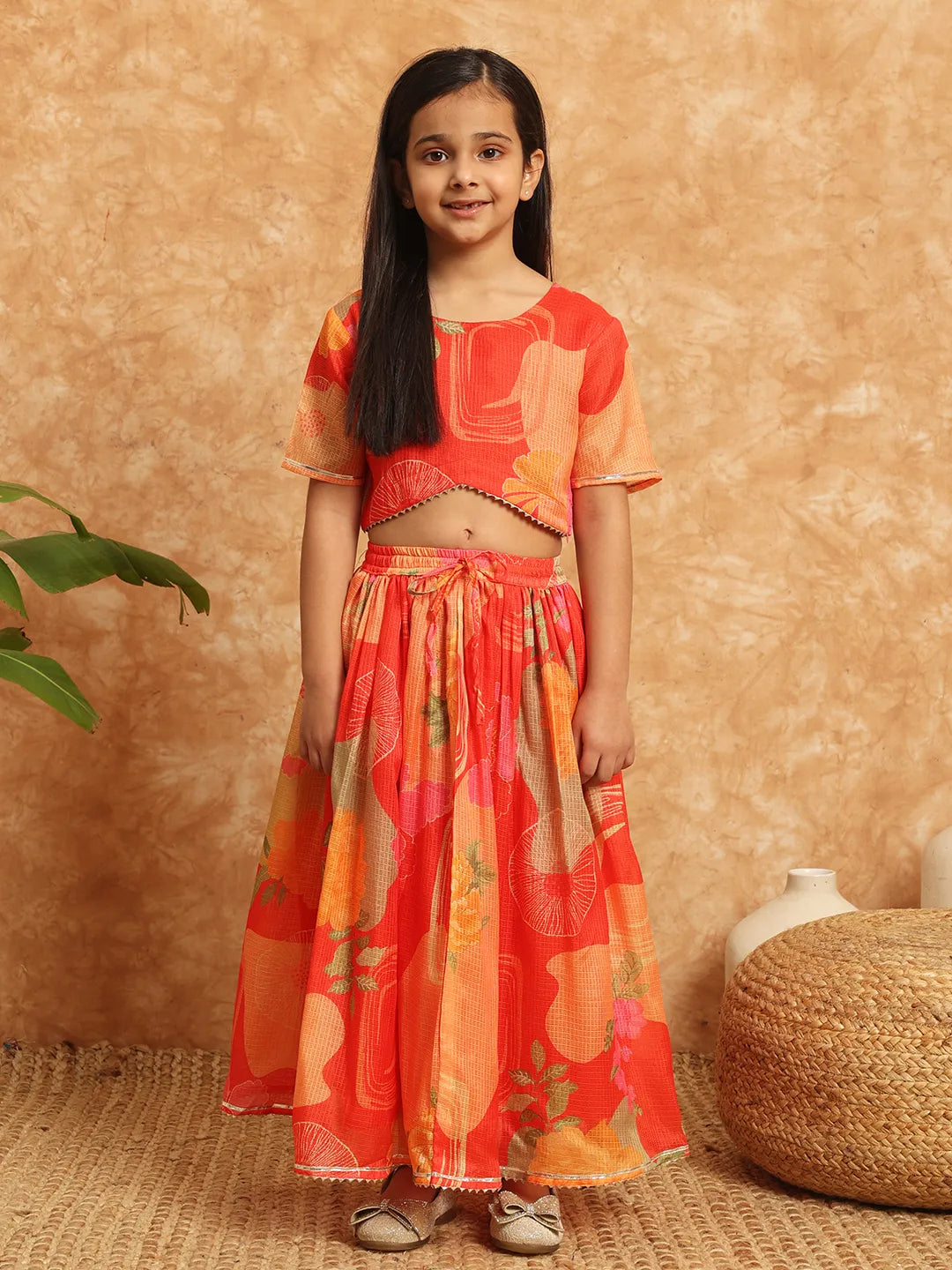 Orange Yellow Cotton Lehenga Girl