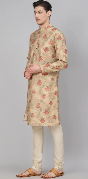 Beige Cotton Kurta Set with Floral Work