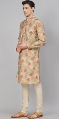 Beige Cotton Kurta Set with Floral Work