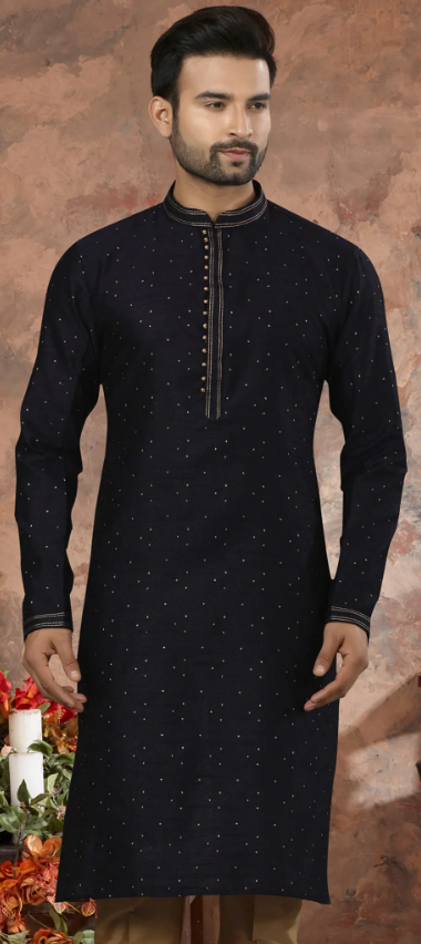 Blue Blended Cotton Kurta with Thread Work