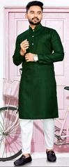 Green Blended Cotton Kurta Set with Thread Work
