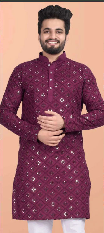 Magenta Blended Cotton Kurta with Mirror Work