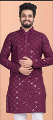 Magenta Blended Cotton Kurta with Mirror Work