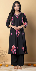 Elegant Black Pink Floral Kurta Set
