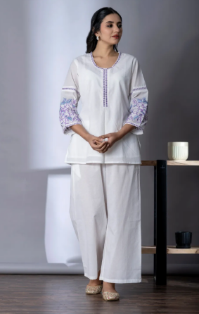 Elegant White and Purple Kurta Set