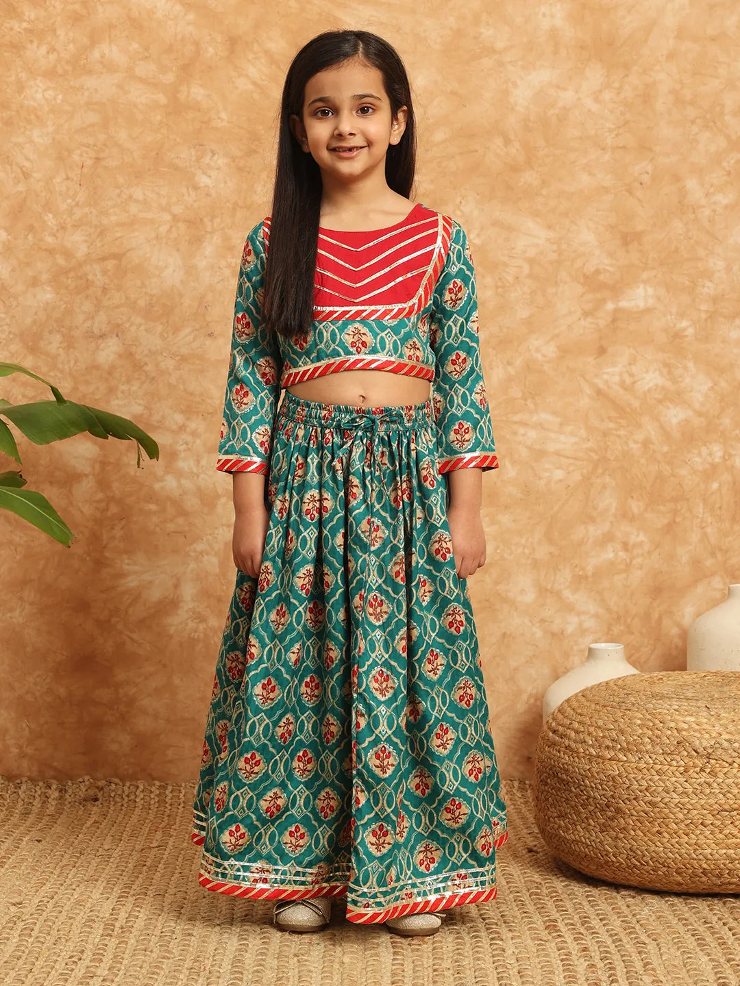 Green Red Lehenga with Golden Strips Set Girls
