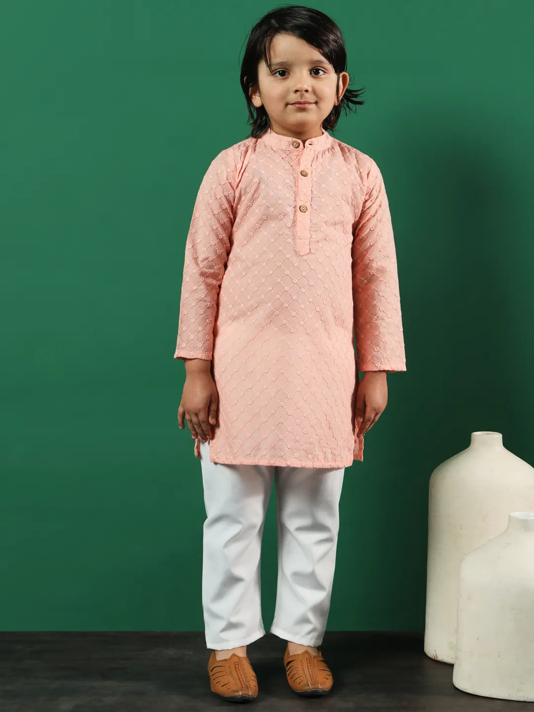 Peach Pure Cotton Kurta Set Boy