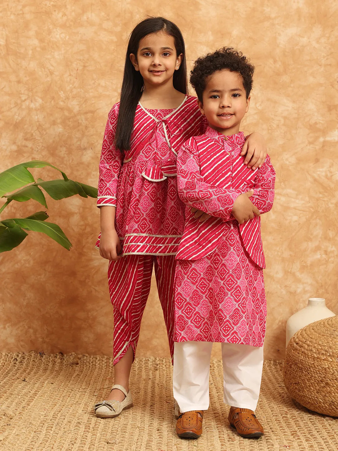 Pink Cotton Kurta Set with Striped Jacket Boy