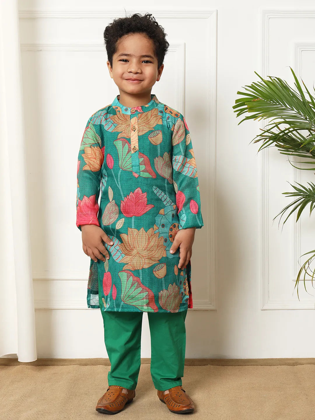 Green Kurta Set with Lotus Flowers Boy