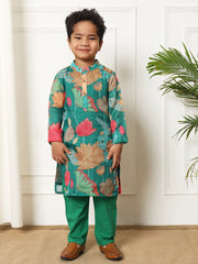 Green Kurta Set with Lotus Flowers Boy