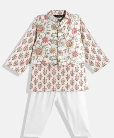 Floral Printed Kurta with Cream Pyjama & Ethnic Nehru Jacket Set