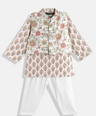 Floral Printed Kurta with Cream Pyjama & Ethnic Nehru Jacket Set