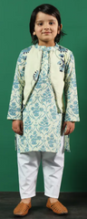 Light Blue Printed Kurta with White Pyjama & Embroidered Nehru Jacket Set