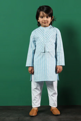 Blue White Stripe Kurta with Jacket, White Pants and Silver Shimmer