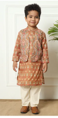 Ethnic Kurta Pyjama Set with Printed Nehru Jacket Brown