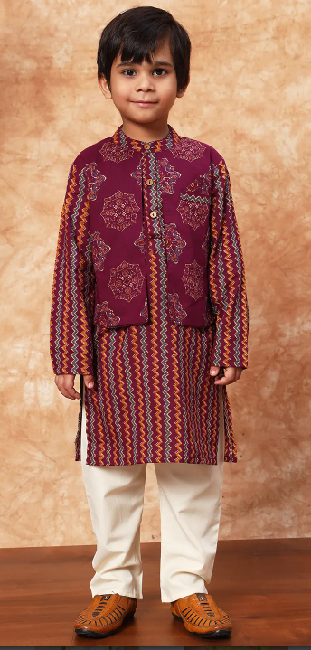 Maroon Striped Cotton Kurta with Printed Jacket and Off White Pants