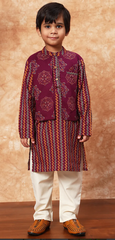 Maroon Striped Cotton Kurta with Printed Jacket and Off White Pants