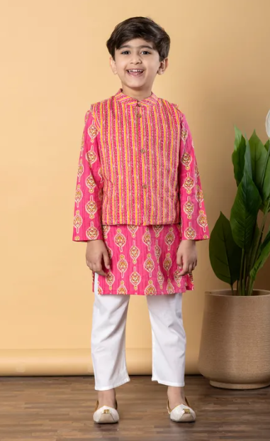 Pink Ethnic Kurta Set with Striped Nehru Jacket