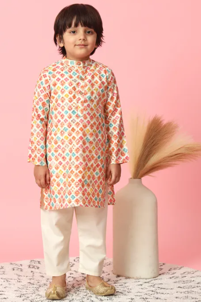 Cotton Silk Floral Print with Gold Emboss Kurta and Off White Pants