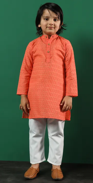 Cotton Orange Self Embroidered Kurta with White Pants