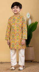 Cotton Yellow Floral Print Kurta with Off White Pants