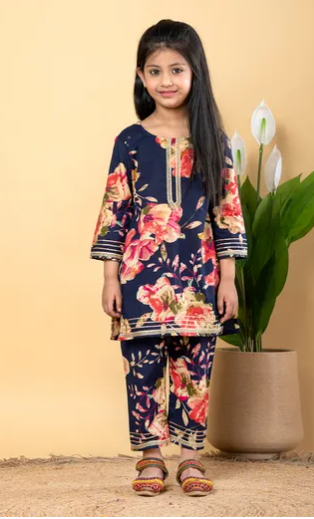 Navy Blue Kurta with Bright Pink Flower and Straight Fit Pants
