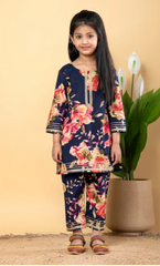Navy Blue Kurta with Bright Pink Flower and Straight Fit Pants
